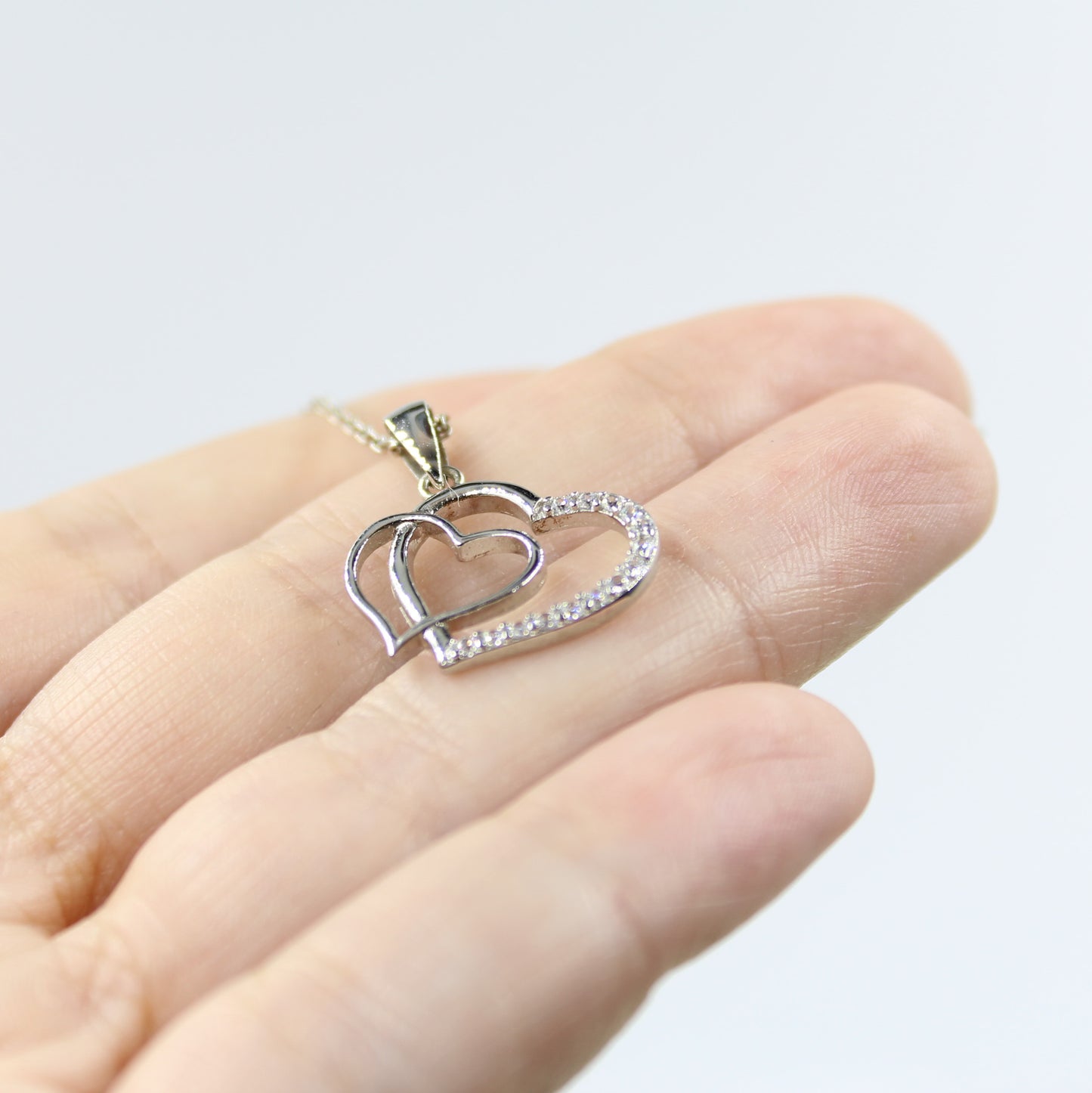 925 Sterling Silver- Cubic Zirconia - Double Heart Necklace LL1