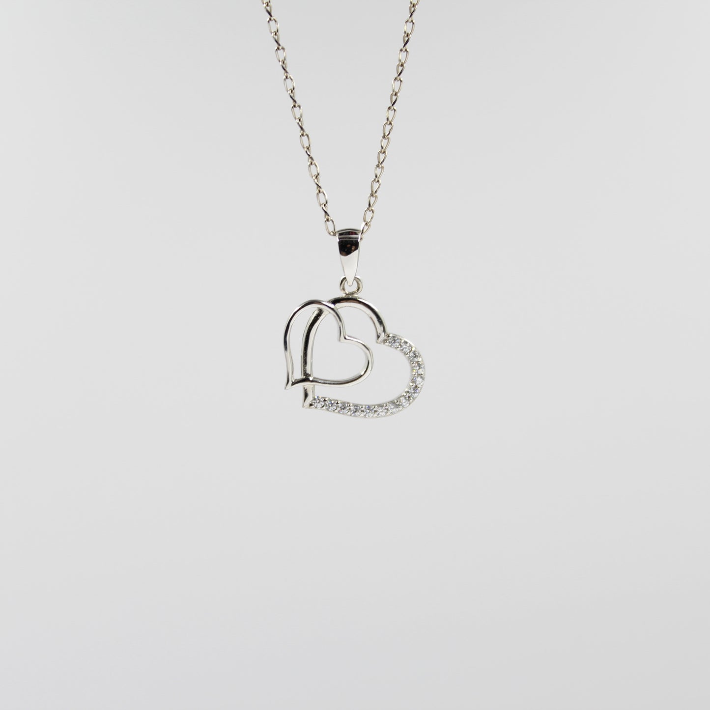 925 Sterling Silver- Cubic Zirconia - Double Heart Necklace LL1