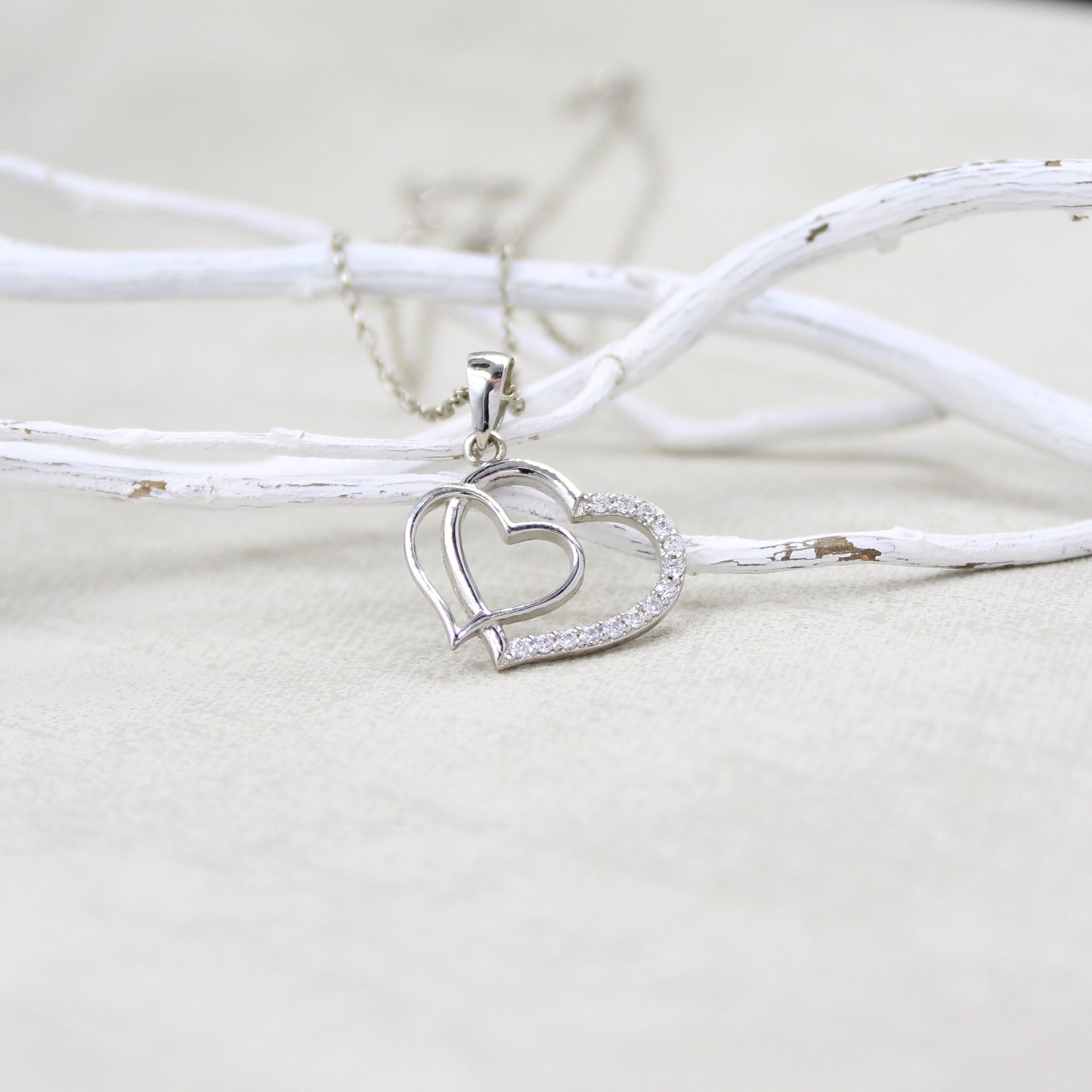925 Sterling Silver- Cubic Zirconia - Double Heart Necklace LL1