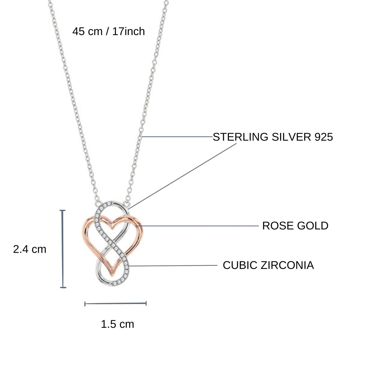 925 Sterling Silver - Cubic Zirconia - Rose-Gold Heart and Infinity Symbol Necklace LL5