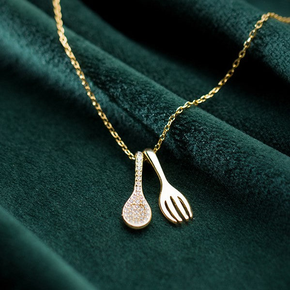 14K Gold Plated - Cubic Zirconia - Spoon & Fork Necklace TE9