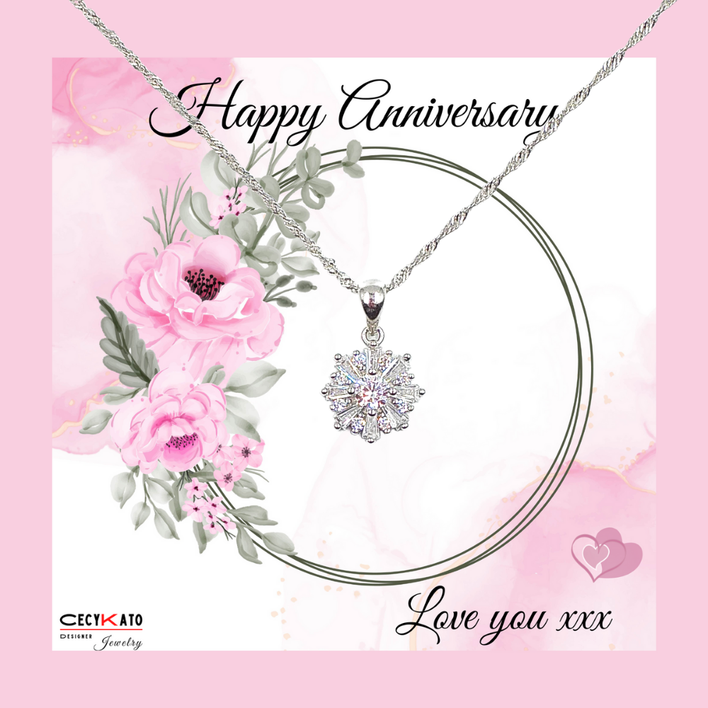Anniversary /Flower /Pink - 925 Sterling Silver Cubic Zirconia Flower Minimalist necklace TE826A