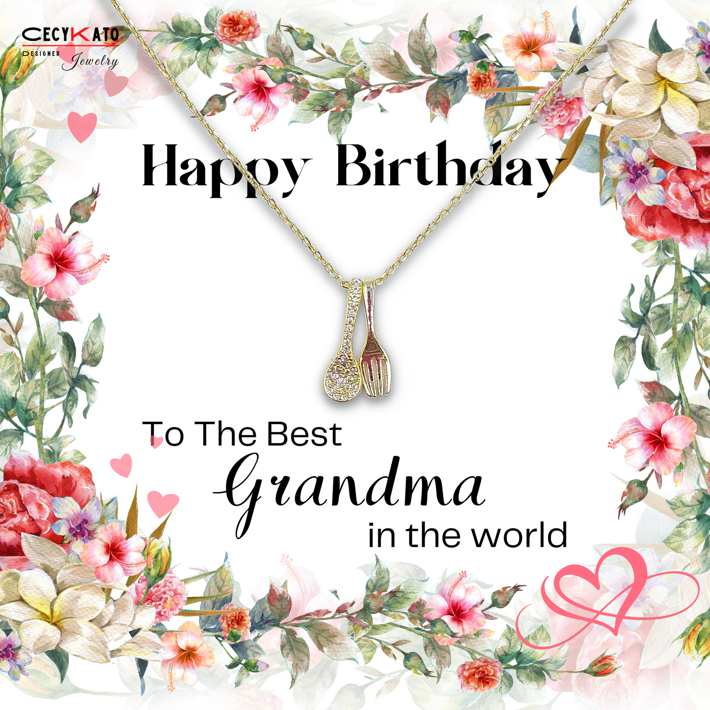 Birthday / Grandma - 925 Sterling Silver With Cubic Zirconia Spoon & Fork : TE9WW38HBGM