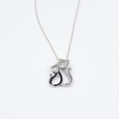 I Love You  - Rhodium Plated Sterling Silver Pair of Cats Necklace with Black and White Cubic Zirconia LL444LY