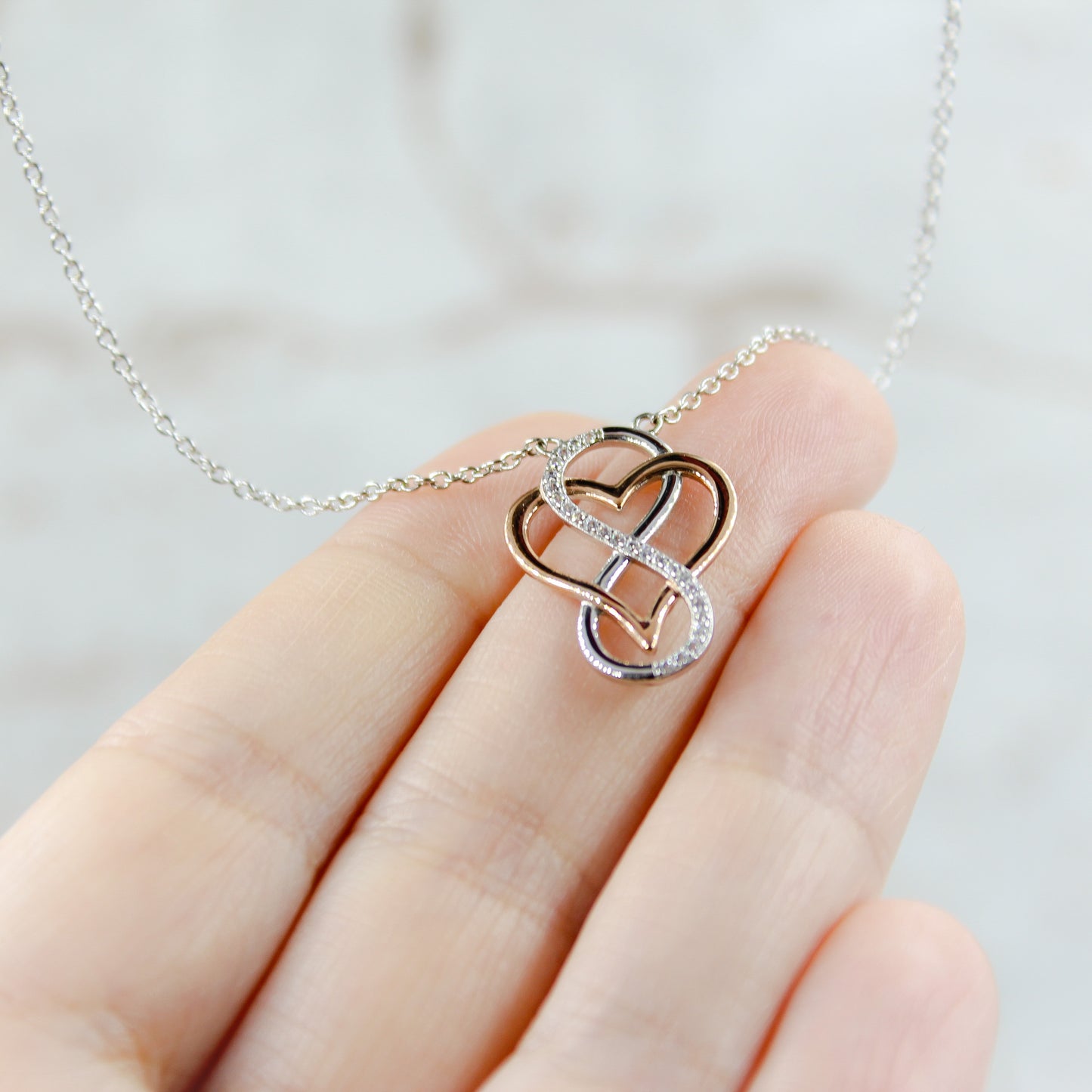 I Love You Rose Circle- Rhodium Plated Sterling Silver Necklace, Rose-Gold Heart and Infinity Symbol LL516LY