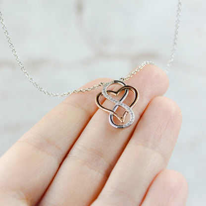 I Love You Rose Circle- Rhodium Plated Sterling Silver Necklace, Rose-Gold Heart and Infinity Symbol LL516LY