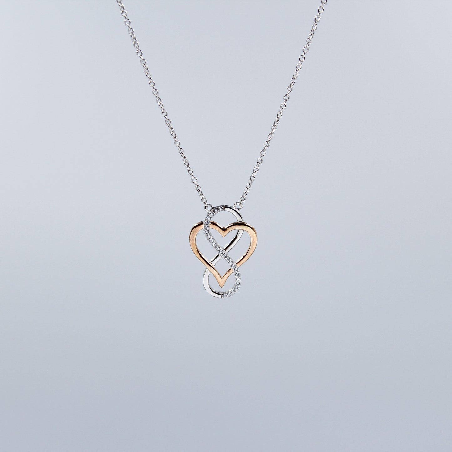 I Love You Rose Circle- Rhodium Plated Sterling Silver Necklace, Rose-Gold Heart and Infinity Symbol LL516LY