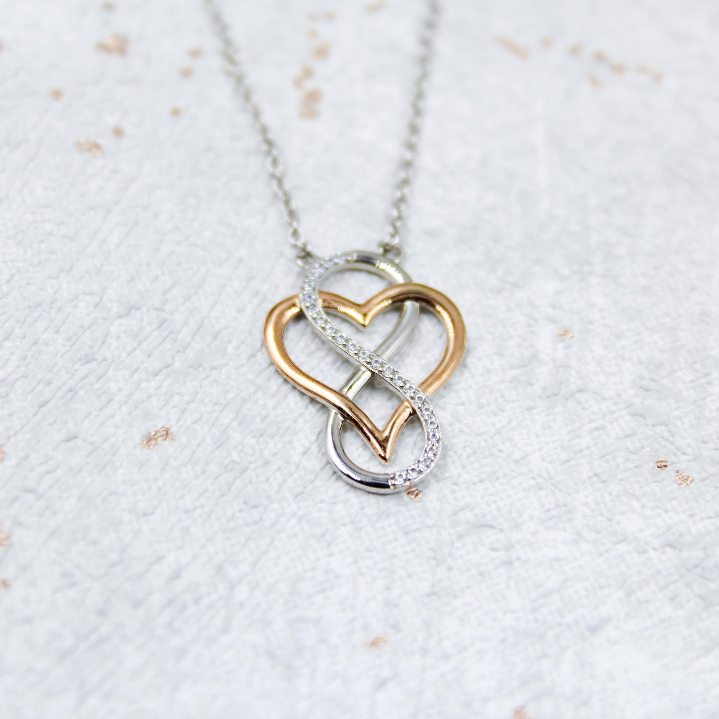 I Love You Rose Circle- Rhodium Plated Sterling Silver Necklace, Rose-Gold Heart and Infinity Symbol LL516LY