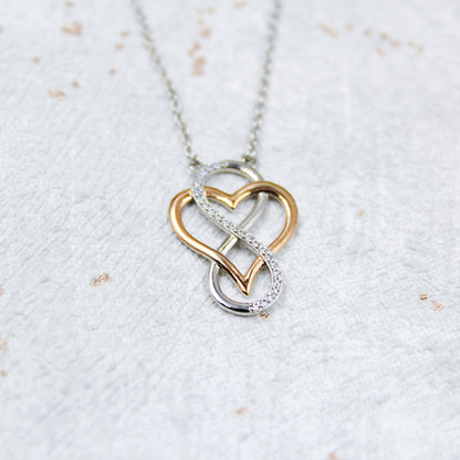 I Love You Rose Circle- Rhodium Plated Sterling Silver Necklace, Rose-Gold Heart and Infinity Symbol LL516LY