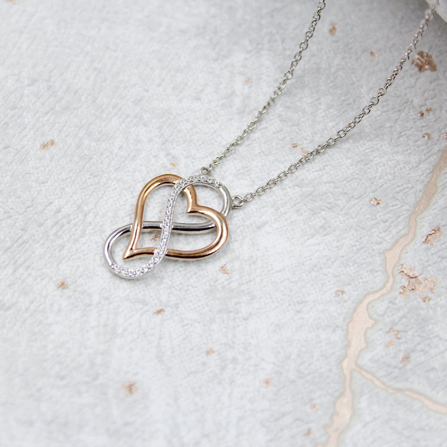 I Love You Rose Circle- Rhodium Plated Sterling Silver Necklace, Rose-Gold Heart and Infinity Symbol LL516LY