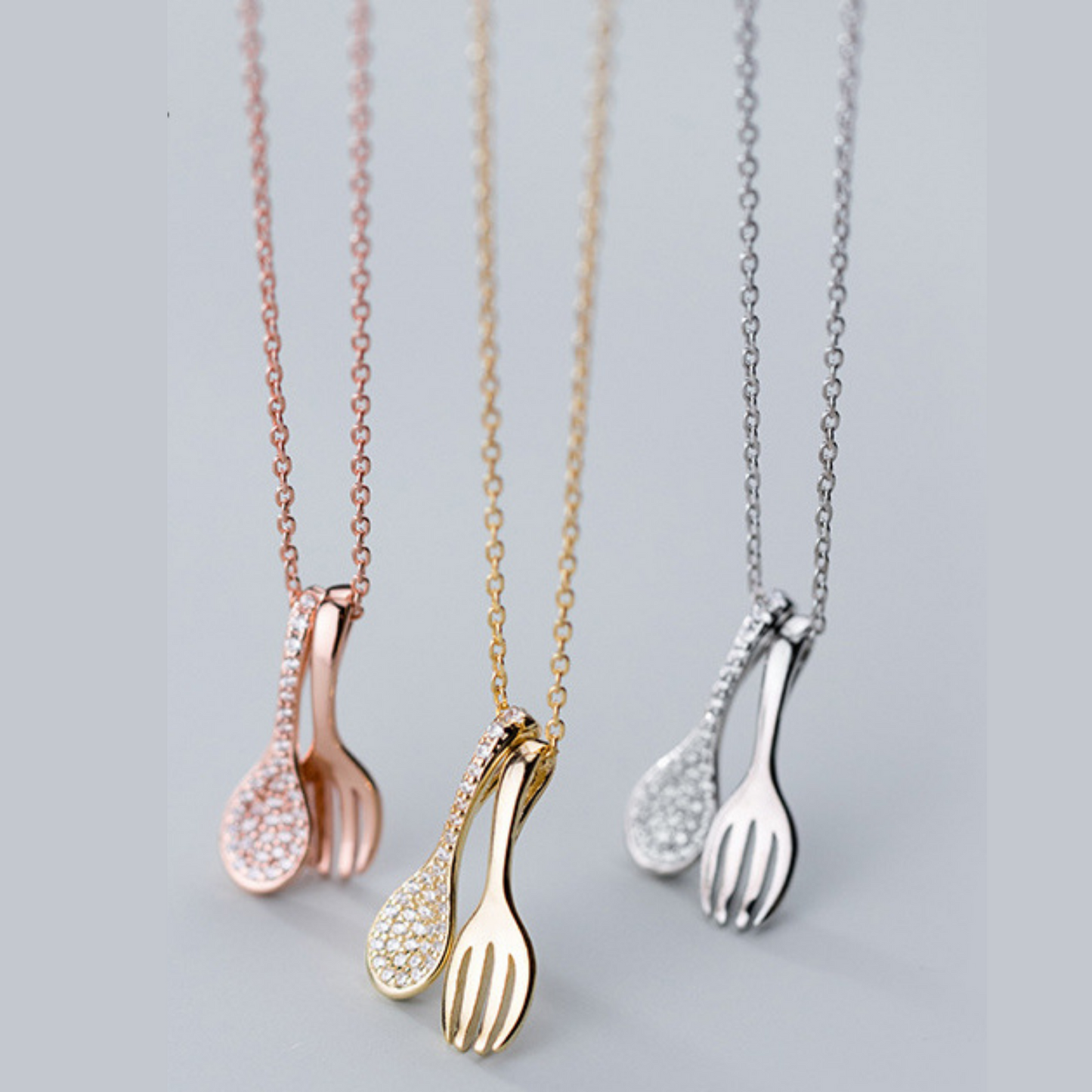 14K Gold Plated - Cubic Zirconia - Spoon & Fork Necklace TE9