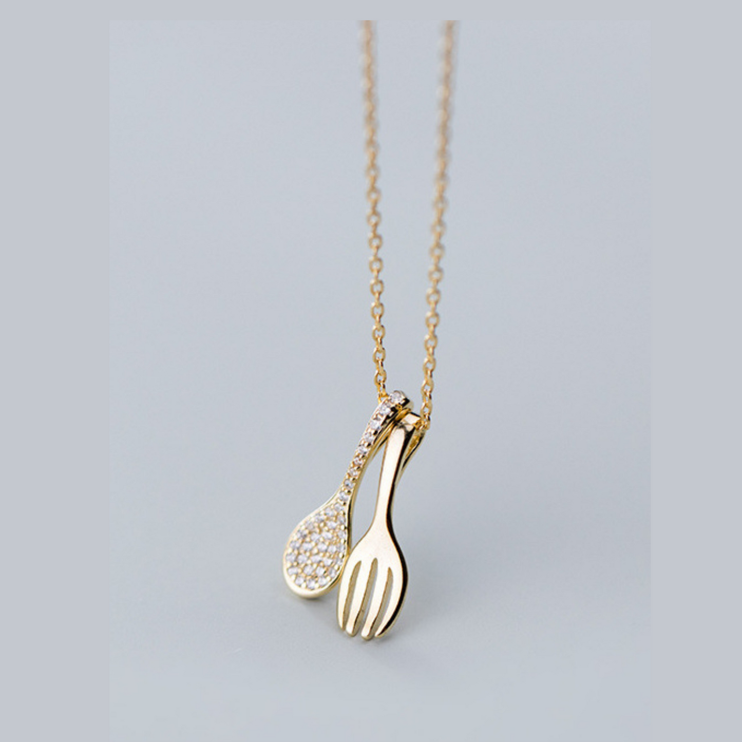 14K Gold Plated - Cubic Zirconia - Spoon & Fork Necklace TE9