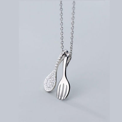 14K Gold Plated - Cubic Zirconia - Spoon & Fork Necklace TE9