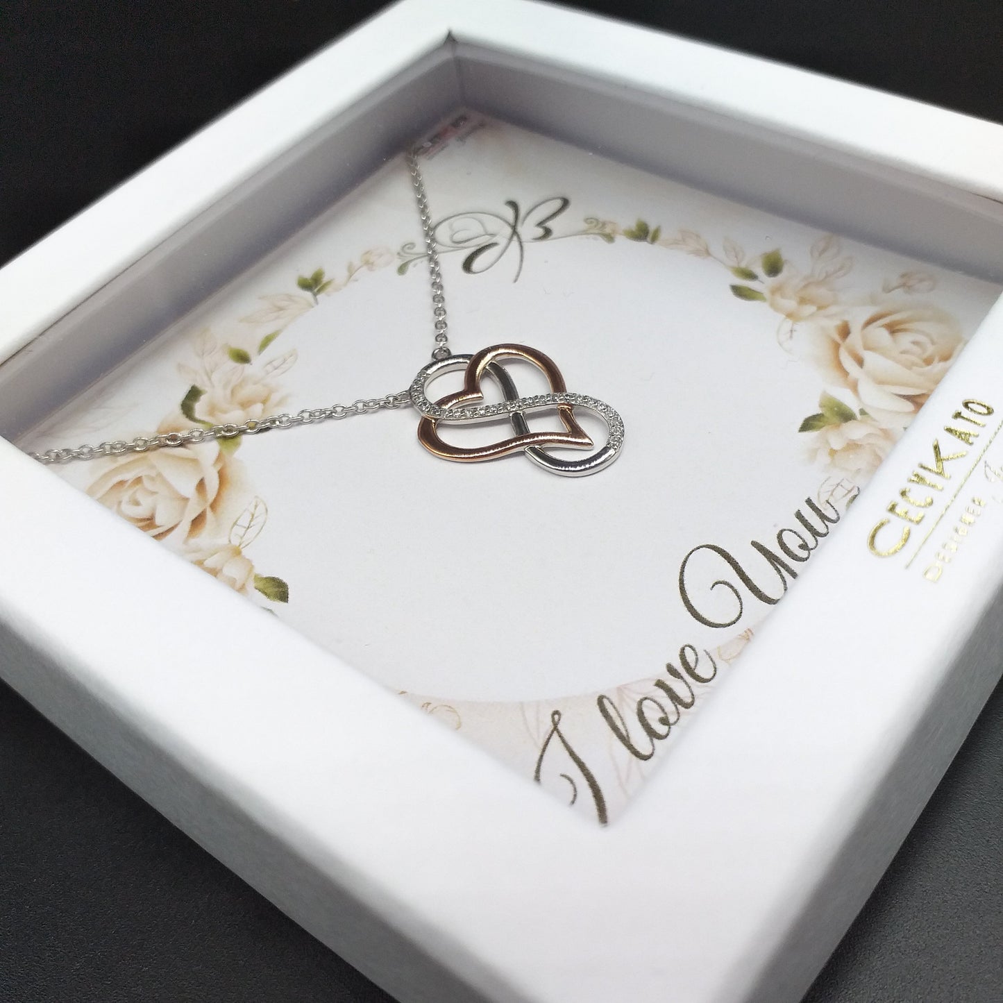 I Love You Rose Circle- Rhodium Plated Sterling Silver Necklace, Rose-Gold Heart and Infinity Symbol LL516LY