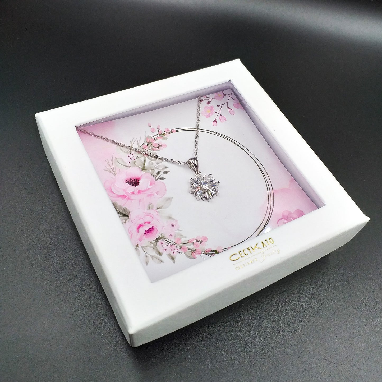 Flower / Pink  - 925 Sterling Silver Cubic Zirconia Flower Minimalist Necklace  TE824