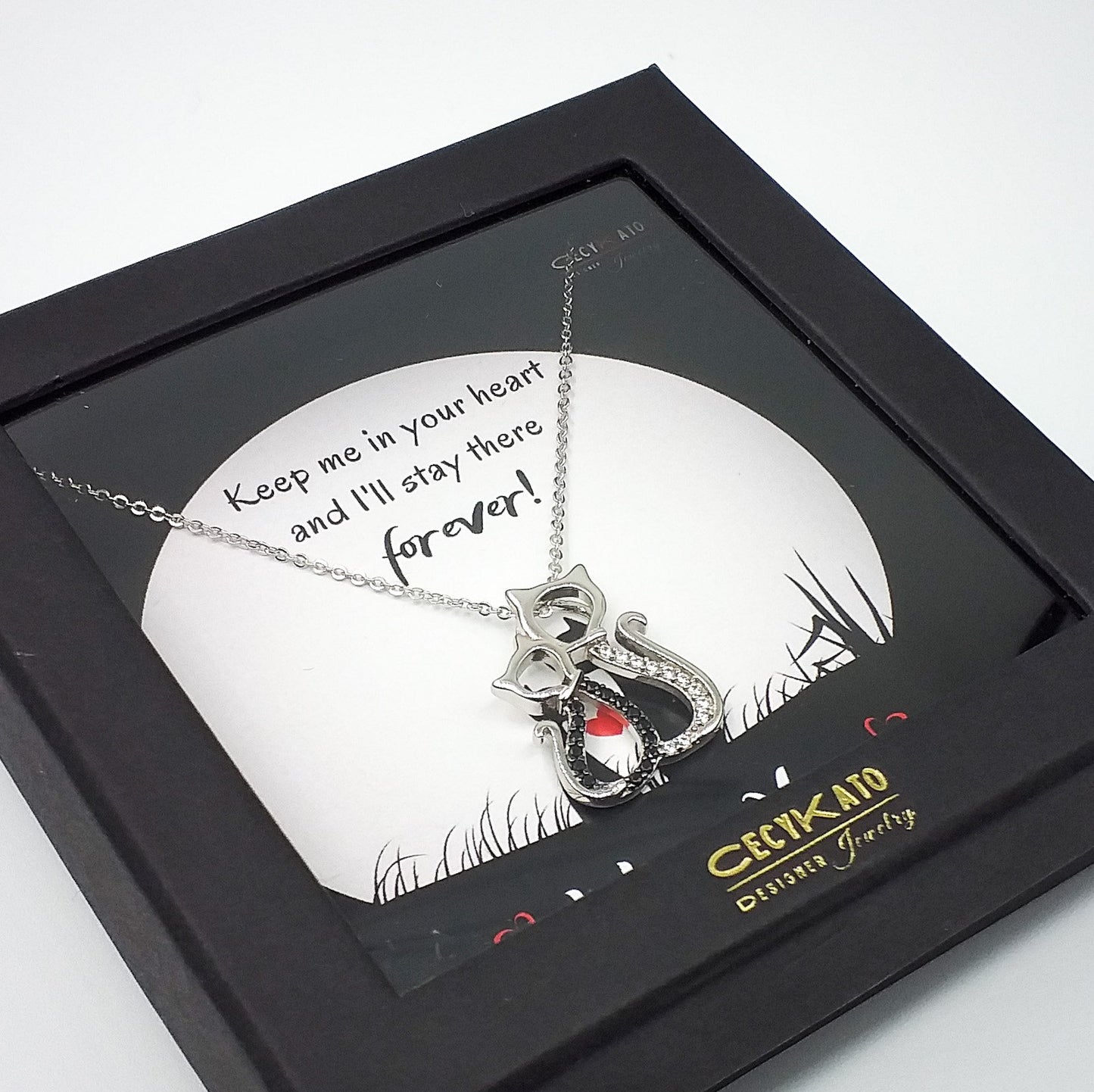 I Love You  - Rhodium Plated Sterling Silver Pair of Cats Necklace with Black and White Cubic Zirconia LL444LY