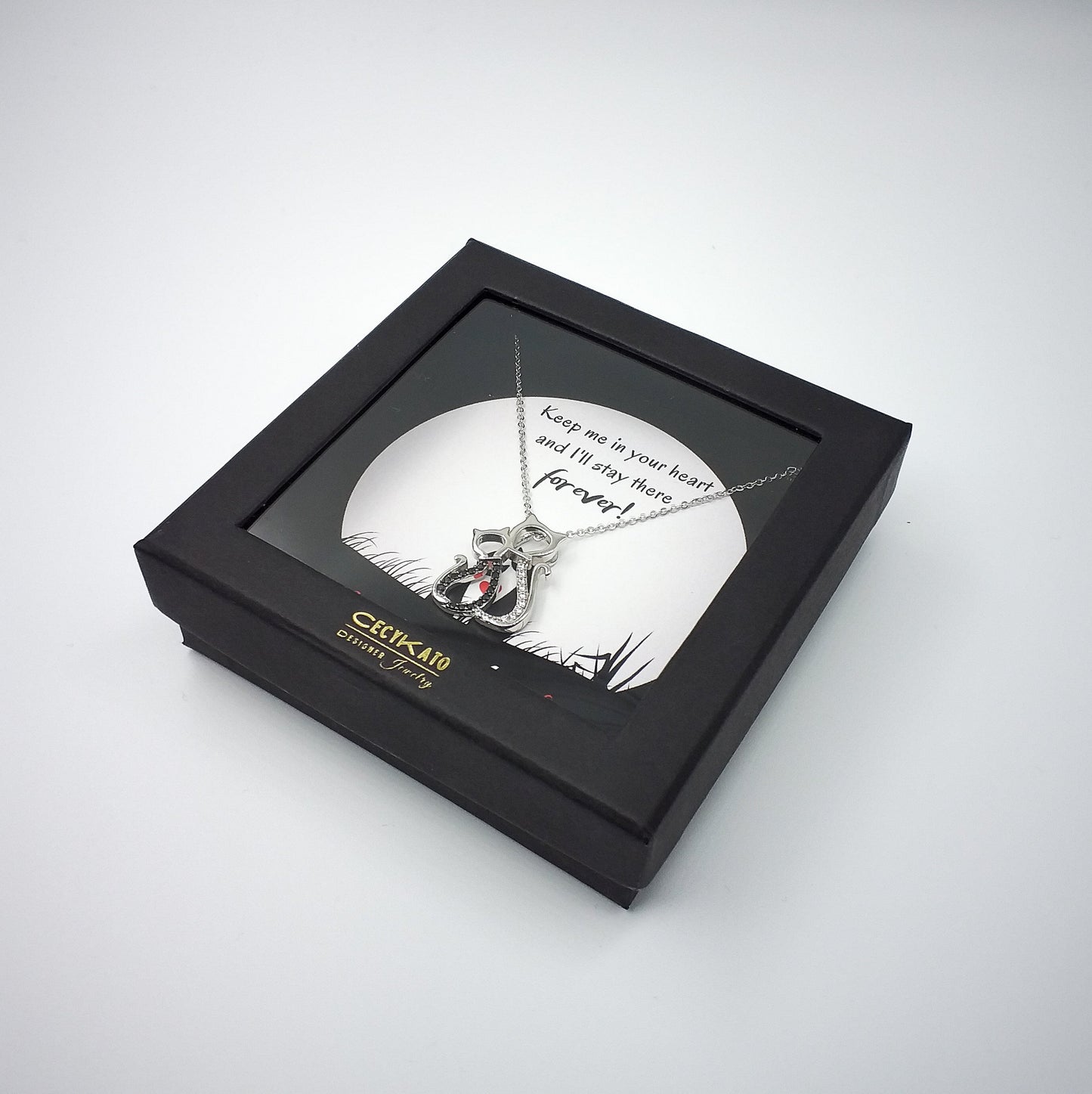 I Love You  - Rhodium Plated Sterling Silver Pair of Cats Necklace with Black and White Cubic Zirconia LL444LY