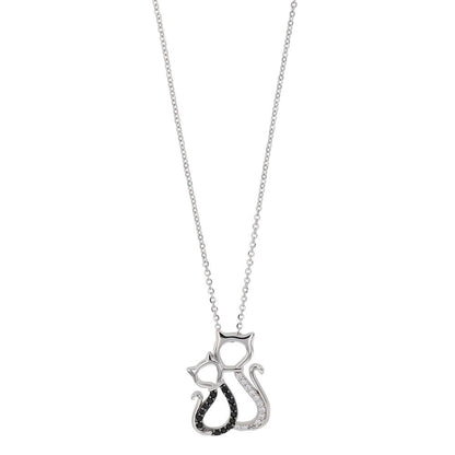 I Love You  - Rhodium Plated Sterling Silver Pair of Cats Necklace with Black and White Cubic Zirconia LL444LY