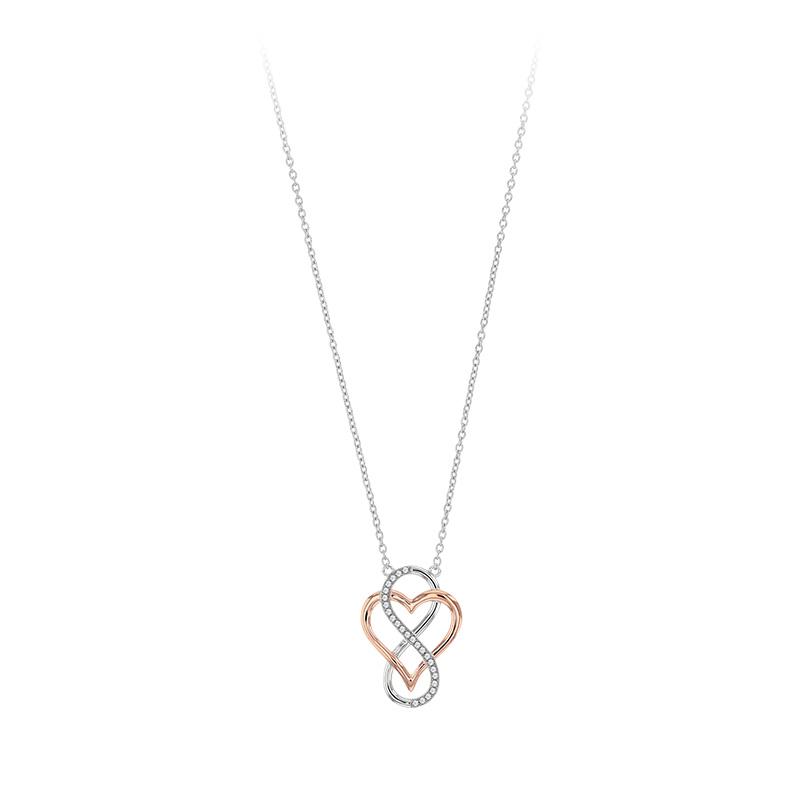 I Love You Rose Circle- Rhodium Plated Sterling Silver Necklace, Rose-Gold Heart and Infinity Symbol LL516LY