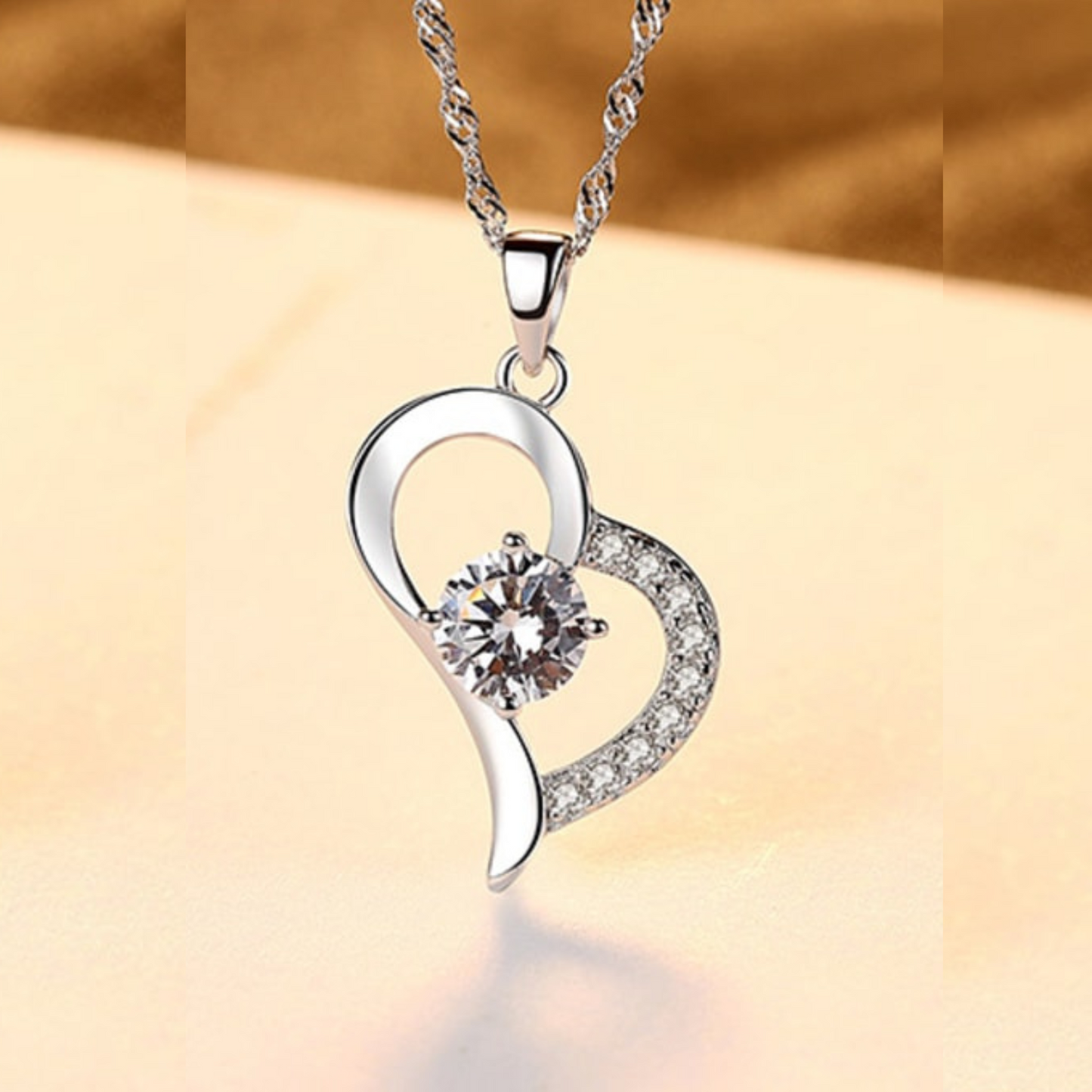 White Gold Plated - Cubic Zirconia - Simplistic Heart Necklace TE11