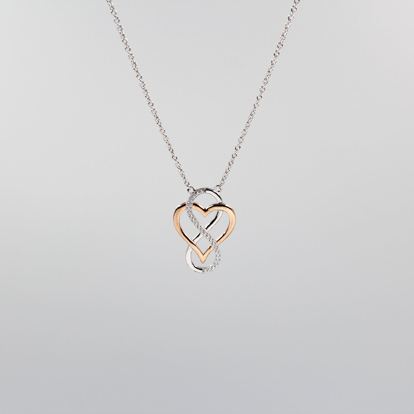 925 Sterling Silver - Cubic Zirconia - Rose-Gold Heart and Infinity Symbol Necklace LL5