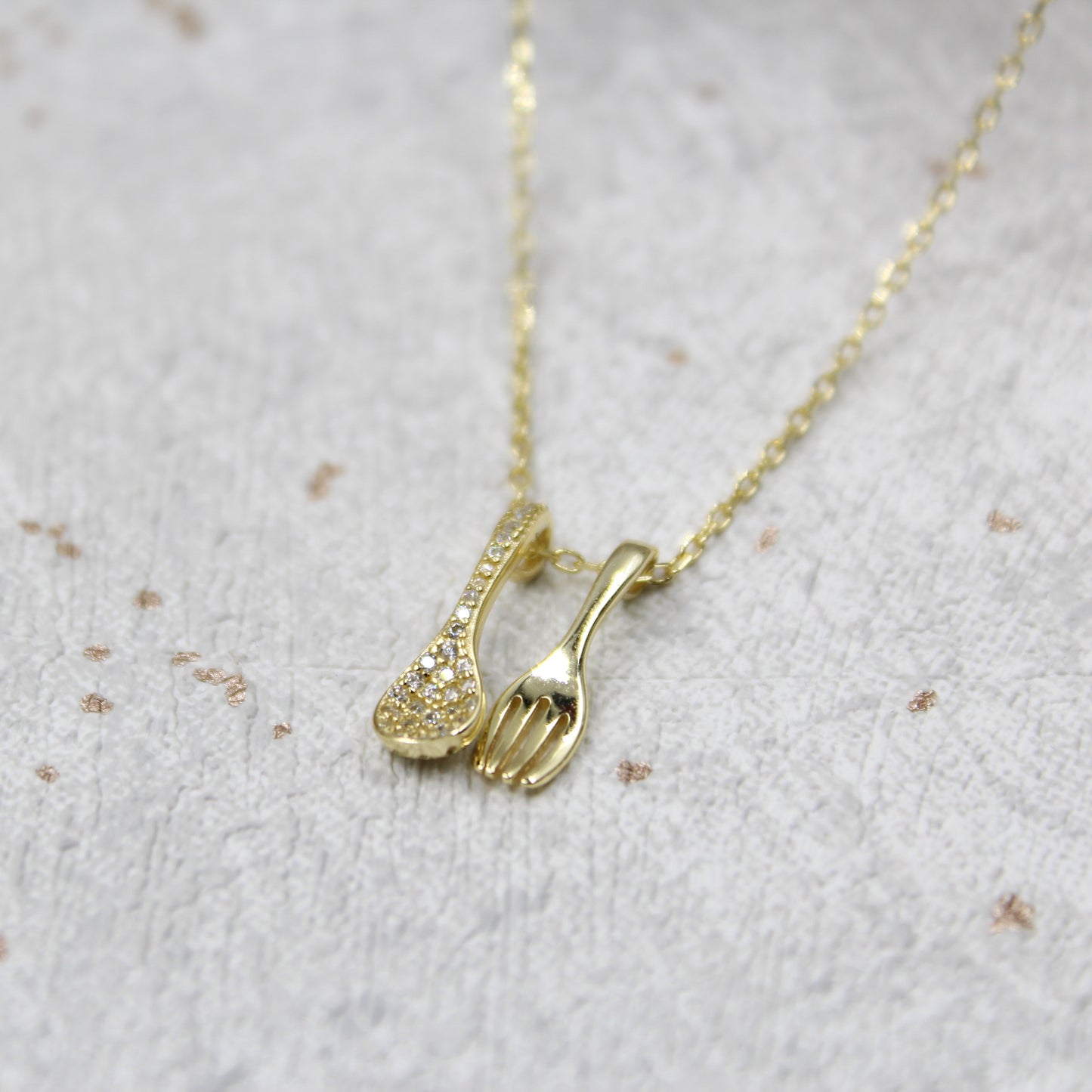 14K Gold Plated - Cubic Zirconia - Spoon & Fork Necklace TE9