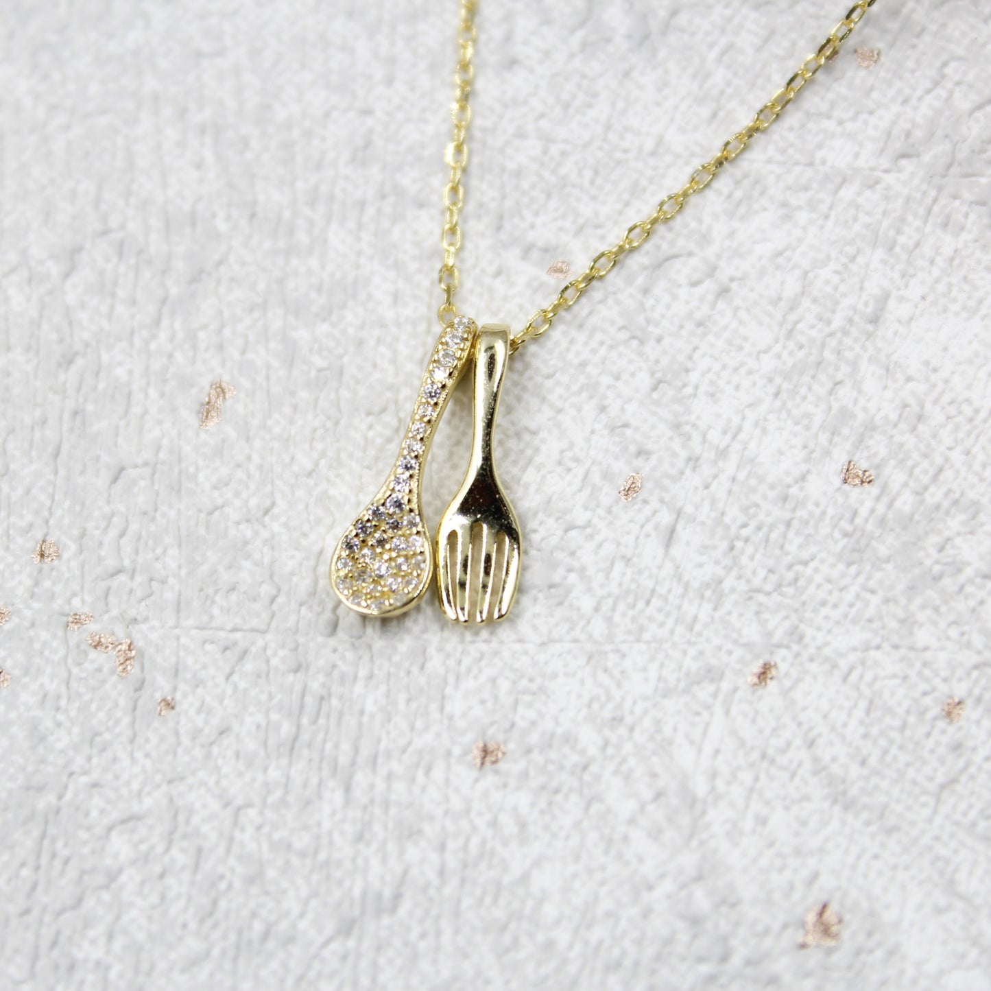 14K Gold Plated - Cubic Zirconia - Spoon & Fork Necklace TE9