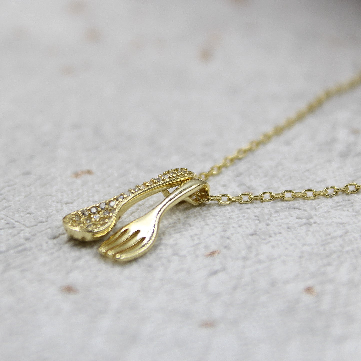 14K Gold Plated - Cubic Zirconia - Spoon & Fork Necklace TE9