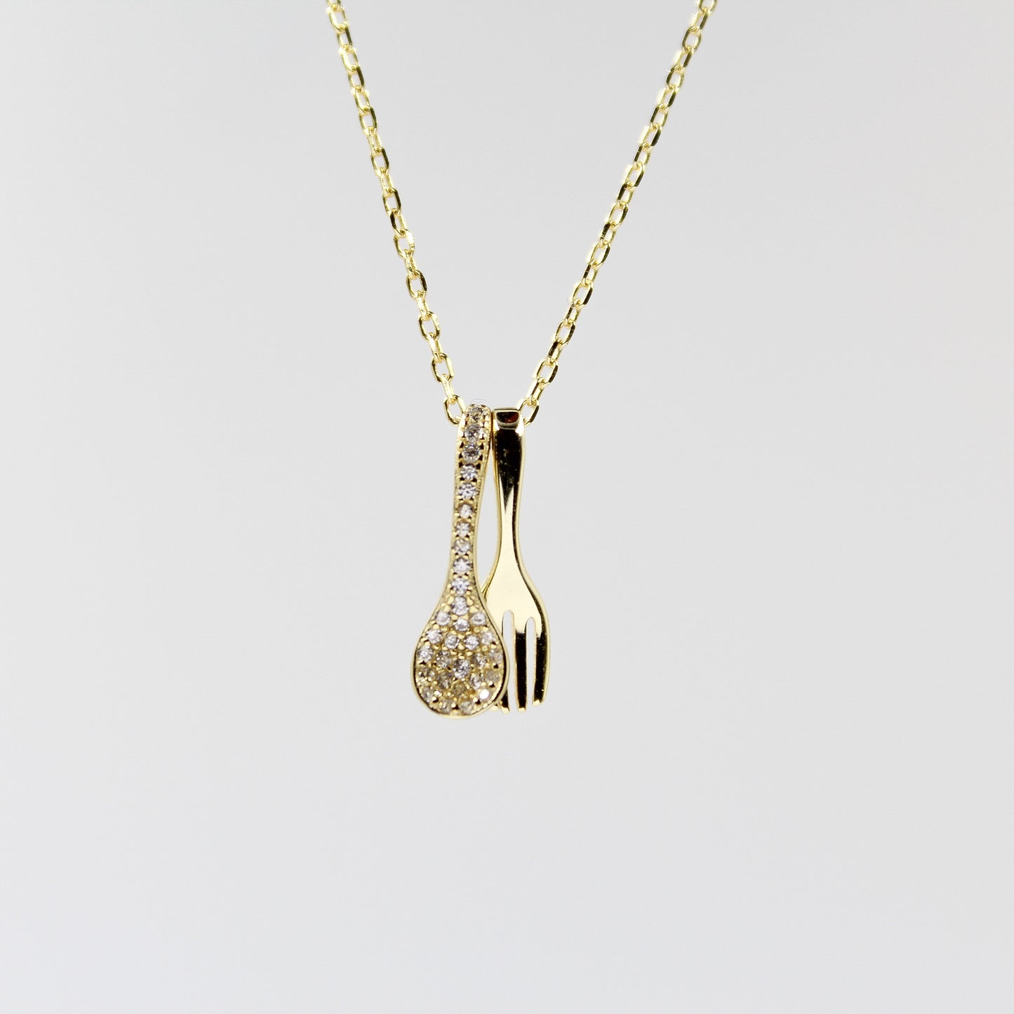 14K Gold Plated - Cubic Zirconia - Spoon & Fork Necklace TE9