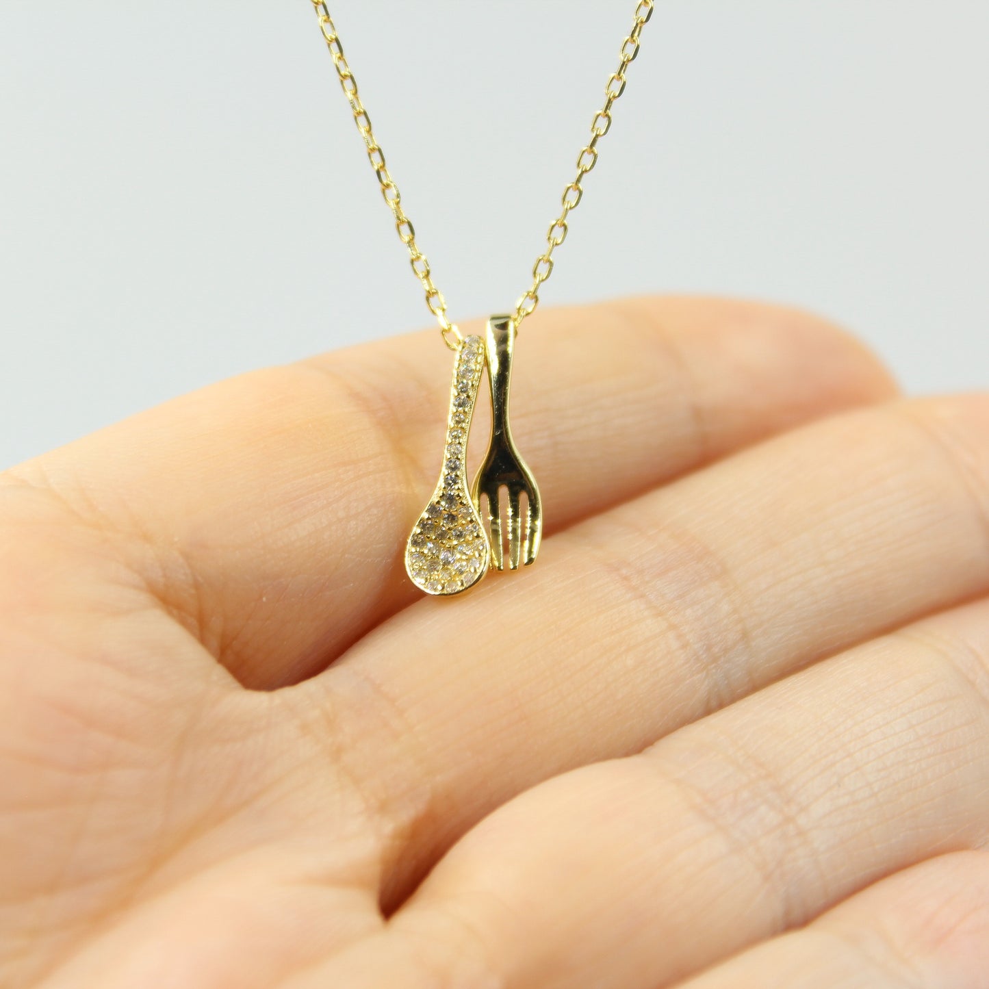 14K Gold Plated - Cubic Zirconia - Spoon & Fork Necklace TE9