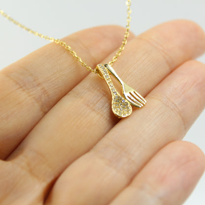 14K Gold Plated - Cubic Zirconia - Spoon & Fork Necklace TE9