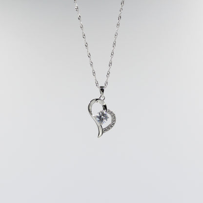 White Gold Plated - Cubic Zirconia - Simplistic Heart Necklace TE11