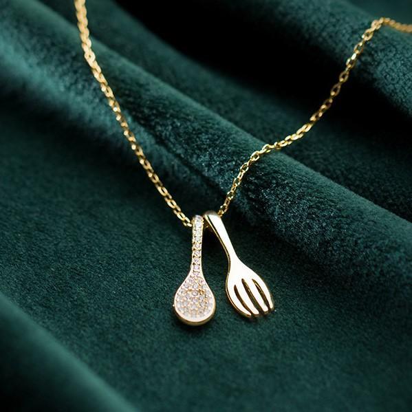 Birthday / Wife -  925 Sterling Silver/ 14k Gold Plated  With Cubic Zirconia Personality  Necklaces c/w Spoon & Fork 925 Sterling Silver + Cubic Zirconia TE9L27W1