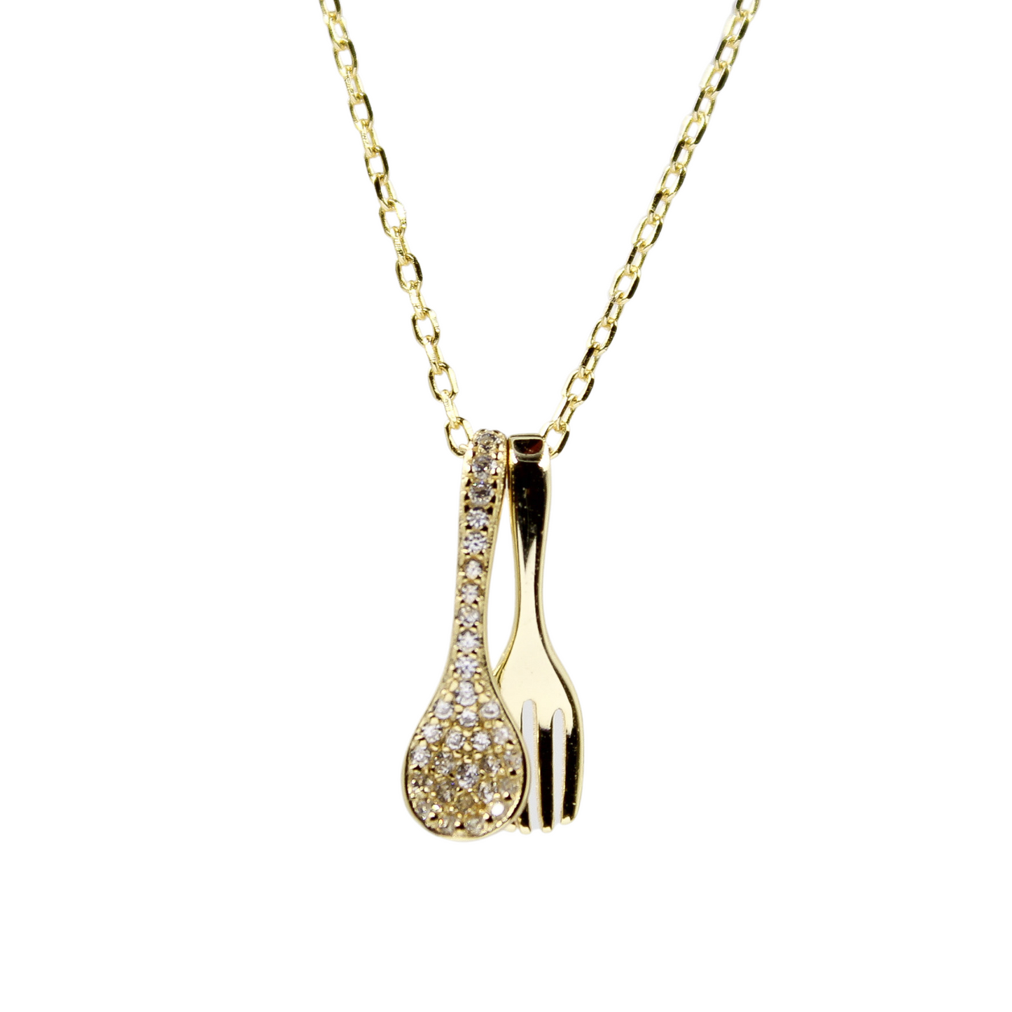 14K Gold Plated - Cubic Zirconia - Spoon & Fork Necklace TE9